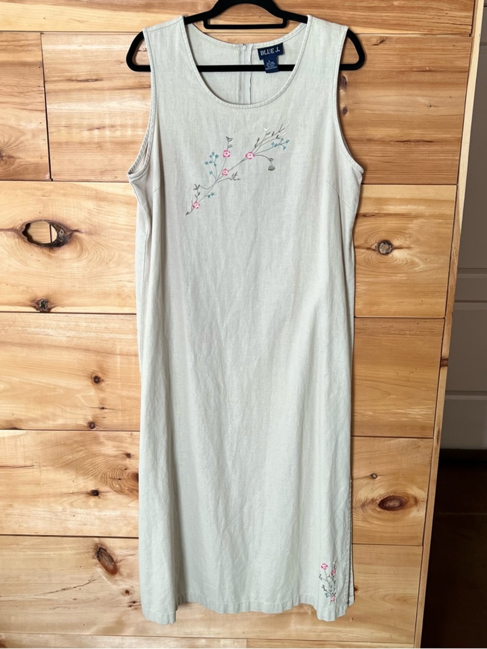 BLUE J Vintage 90s Linen/Cotton Sleeveless Maxi Dress w/Floral Embroidery Boho